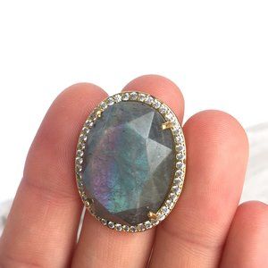 Large Labradorite gemstone CZ adjustable Gold Ring